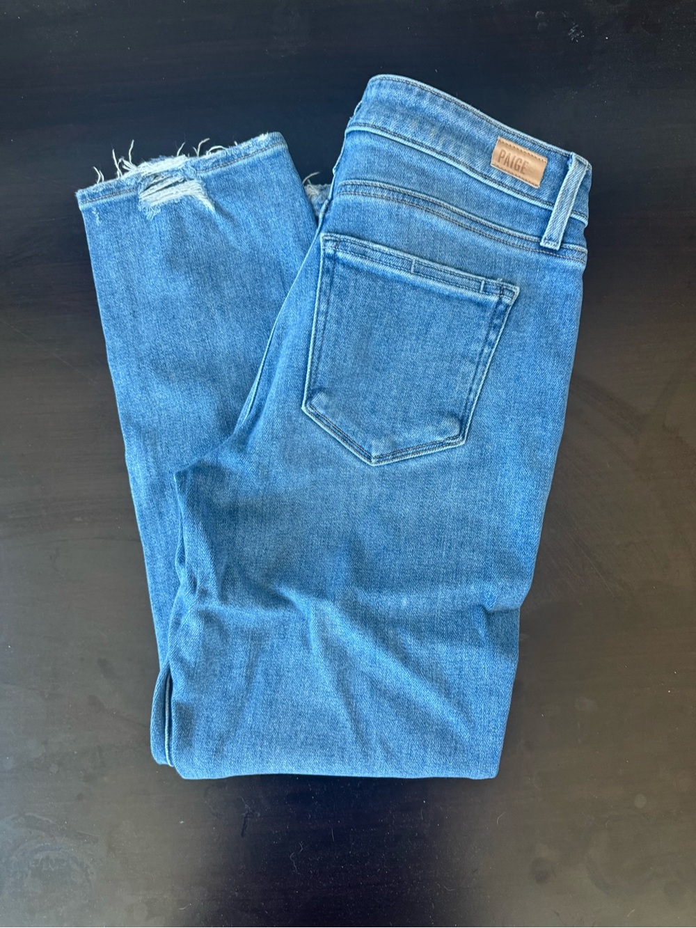 PAIGE Blue Cropped Ankle Jeans with Frayed Hem